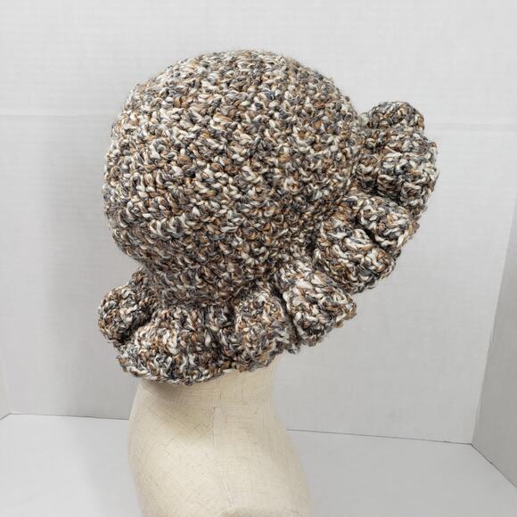 Handmade Crochet Brown Ruffle Bucket Hat Bohemian Casual Festival Neutral Fall - Picture 5 of 16